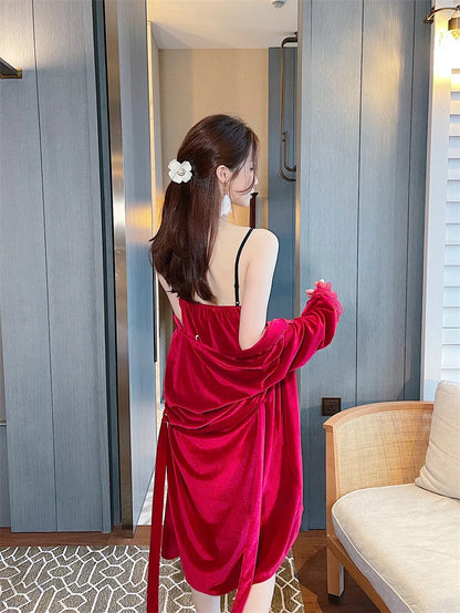 Pyjama sexy en velours pour femme - Robe à manches longues et chemise de nuit à bretelles en dentelle pour l'hiver et l'automne - Vêtements de nuit deux pièces confortables