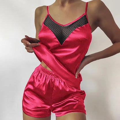 Ensemble de pyjama en satin et dentelle pour femme, vêtements de nuit, col en V, extensible, lingerie sexy, débardeur à bretelles, short, vêtements de nuit