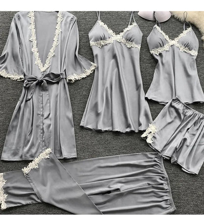 Pyjama cinq pièces sexy en dentelle, chemise de nuit, vêtements de nuit, printemps-été, peignoir ample en satin, vêtements de maison