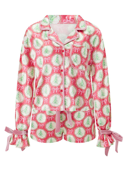 Pyjama de Noël 2025 pour femme, ensemble 2 pièces, chemise à manches longues et short en satin de soie, motif amusant