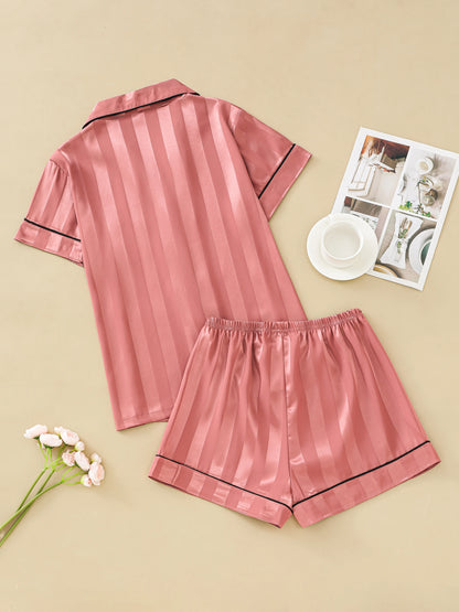Ensemble de pyjama en satin jacquard rayé pour femme, chemisier à manches courtes avec revers et short ample, vêtements de détente pour femme