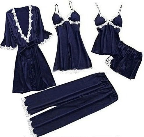 Pyjama cinq pièces sexy en dentelle, chemise de nuit, vêtements de nuit, printemps-été, peignoir ample en satin, vêtements de maison