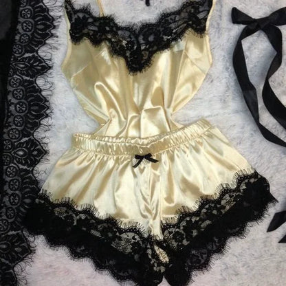 Ensemble de pyjama en satin et dentelle pour femme, vêtements de nuit, col en V, extensible, lingerie sexy, débardeur à bretelles, short, vêtements de nuit