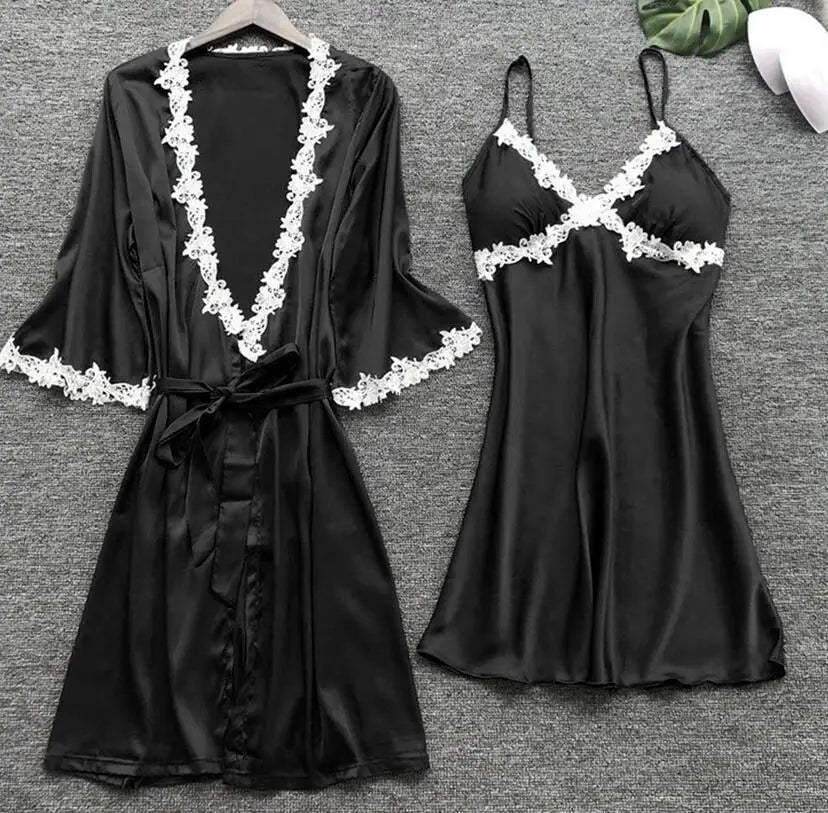Pyjama cinq pièces sexy en dentelle, chemise de nuit, vêtements de nuit, printemps-été, peignoir ample en satin, vêtements de maison