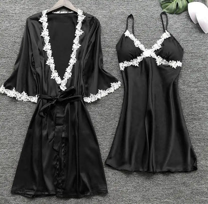 Pyjama cinq pièces sexy en dentelle, chemise de nuit, vêtements de nuit, printemps-été, peignoir ample en satin, vêtements de maison