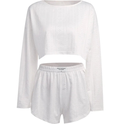 Pyjama d'été ajouré pour femme, haut à manches longues et short, ensemble 2 pièces