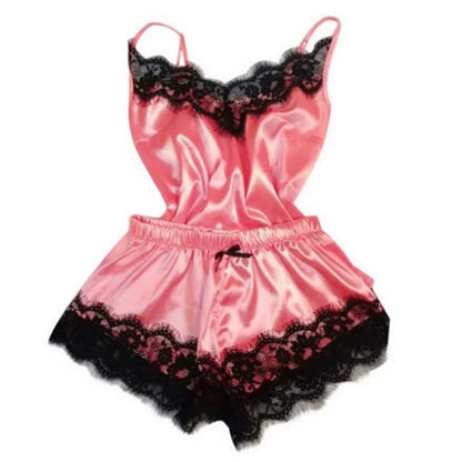 Ensemble de pyjama en satin et dentelle pour femme, vêtements de nuit, col en V, extensible, lingerie sexy, débardeur à bretelles, short, vêtements de nuit