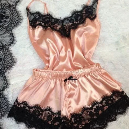 Ensemble de pyjama en satin et dentelle pour femme, vêtements de nuit, col en V, extensible, lingerie sexy, débardeur à bretelles, short, vêtements de nuit