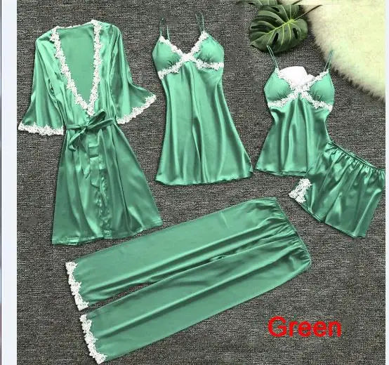 Pyjama cinq pièces sexy en dentelle, chemise de nuit, vêtements de nuit, printemps-été, peignoir ample en satin, vêtements de maison