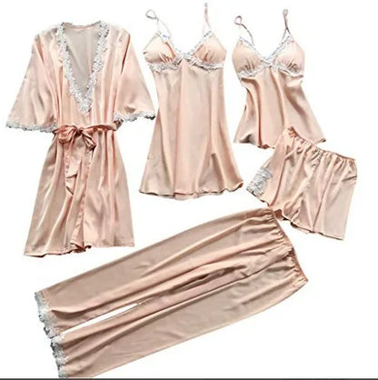 Pyjama cinq pièces sexy en dentelle, chemise de nuit, vêtements de nuit, printemps-été, peignoir ample en satin, vêtements de maison