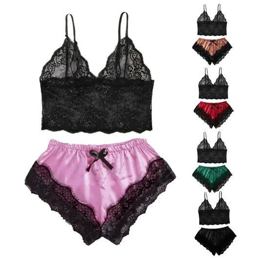 Ensemble de pyjama sexy en satin et dentelle pour femme, lingerie, short à bretelles élastiques, vêtements de nuit, sous-vêtements sans manches