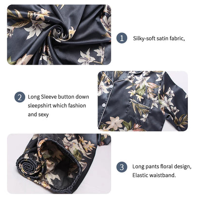Pyjama 2 pièces en satin pour femme, vêtement d'automne à imprimé floral, haut à manches longues, pantalon de pyjama
