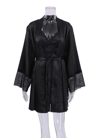 Ensembles de pyjama en dentelle patchwork avec soutien-gorge et sous-vêtements sexy en satin pour femme, 3 pièces, vêtements de nuit, peignoirs, 2023