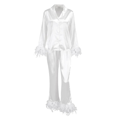Ensemble 2 pièces à manches longues et pantalon long, pyjama blanc pour demoiselle d'honneur, robe de soirée en satin à revers multicolore, élasticité, pyjama sexy pour femme