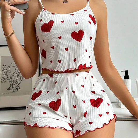 Ensemble pyjama 2 pièces pour femme, débardeur court et short, taille SML, blanc, respirant, doux, décontracté, imprimé Love