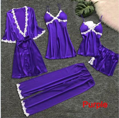Pyjama cinq pièces sexy en dentelle, chemise de nuit, vêtements de nuit, printemps-été, peignoir ample en satin, vêtements de maison