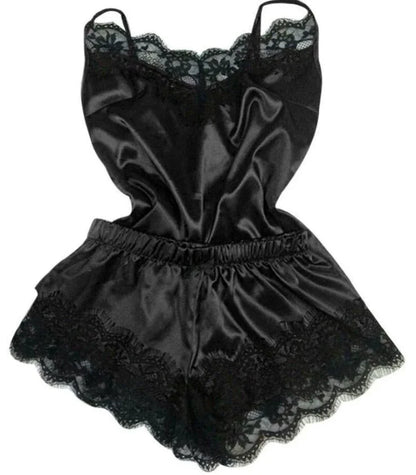 Ensemble de pyjama en satin et dentelle pour femme, vêtements de nuit, col en V, extensible, lingerie sexy, débardeur à bretelles, short, vêtements de nuit