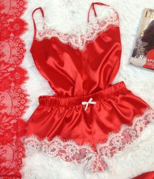 Ensemble de pyjama en satin et dentelle pour femme, vêtements de nuit, col en V, extensible, lingerie sexy, débardeur à bretelles, short, vêtements de nuit