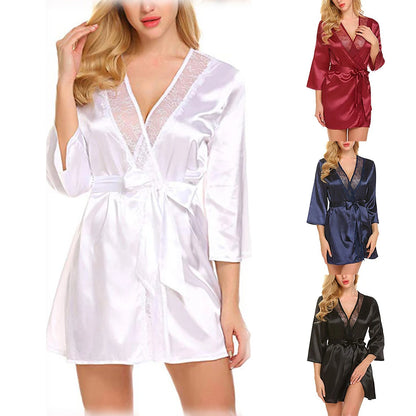 Robe de chambre en satin pour femme, tenue d'été portefeuille, peignoir, chemise de nuit, pyjama, col en V, sexy, surdimensionnée, imitation soie, perspective