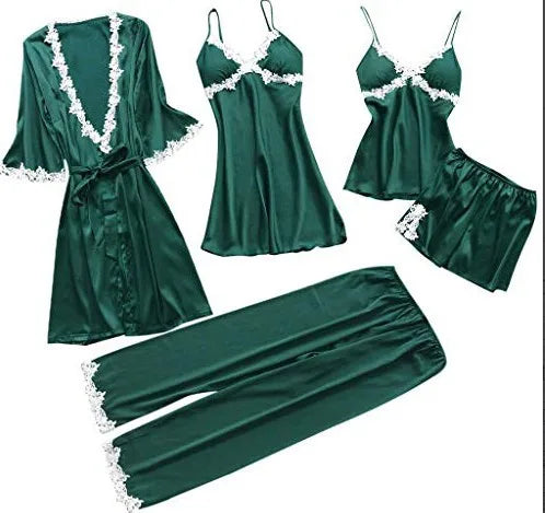 Pyjama cinq pièces sexy en dentelle, chemise de nuit, vêtements de nuit, printemps-été, peignoir ample en satin, vêtements de maison