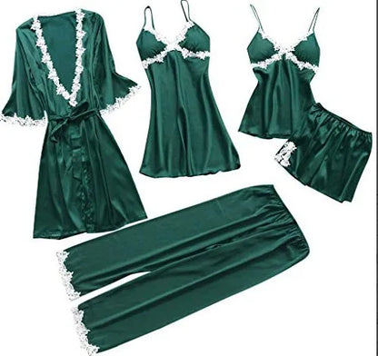 Pyjama cinq pièces sexy en dentelle, chemise de nuit, vêtements de nuit, printemps-été, peignoir ample en satin, vêtements de maison