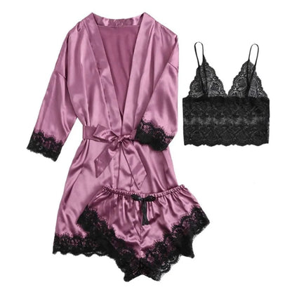 Pyjama élégant en satin à la mode, col en V, nœud papillon, short, caraco, chemise de nuit, culotte ample, ensembles de vêtements de nuit en dentelle pour filles