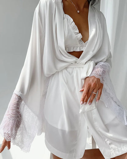 Ensembles de pyjama en dentelle patchwork avec soutien-gorge et sous-vêtements sexy en satin pour femme, 3 pièces, vêtements de nuit, peignoirs, 2023