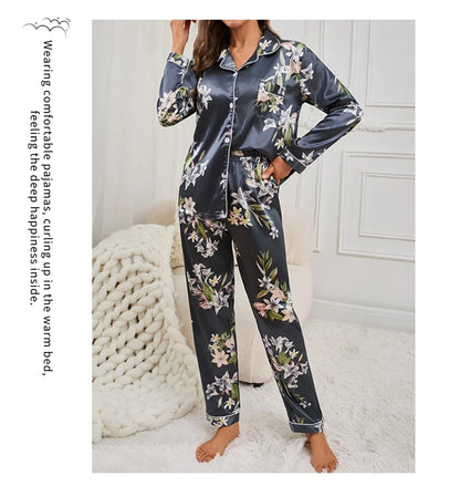Pyjama 2 pièces en satin pour femme, vêtement d'automne à imprimé floral, haut à manches longues, pantalon de pyjama