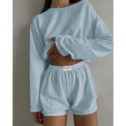Pyjama d'été ajouré pour femme, haut à manches longues et short, ensemble 2 pièces