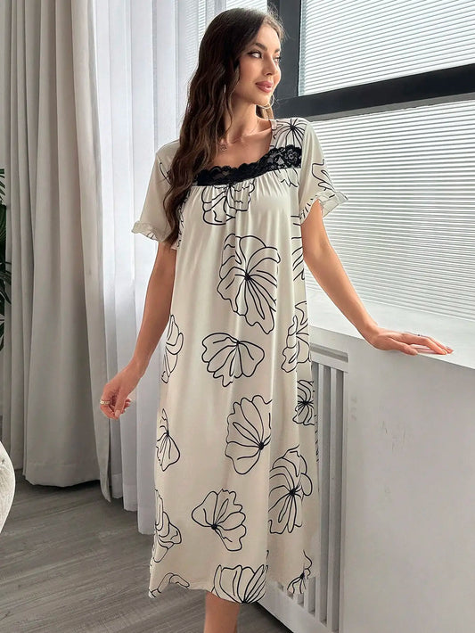 Pyjama d'été une pièce pour femme, imprimé floral élégant, col carré, longue chemise de nuit ample, peut être porté à l'extérieur, peignoir de maison