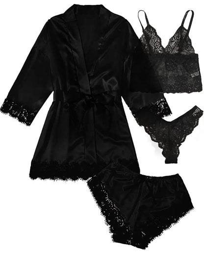 Pyjama tendance pour femme, imprimé, sexy, bordure en dentelle, imitation soie, satin, doux pour la peau, confortable, vêtements de détente, pyjama sexy