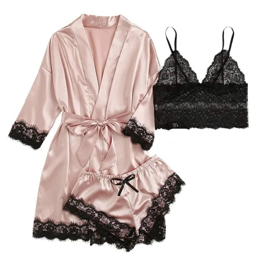 Pyjama élégant en satin à la mode, col en V, nœud papillon, short, caraco, chemise de nuit, culotte ample, ensembles de vêtements de nuit en dentelle pour filles