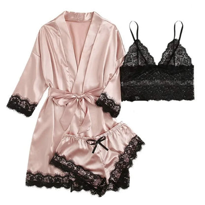 Pyjama élégant en satin à la mode, col en V, nœud papillon, short, caraco, chemise de nuit, culotte ample, ensembles de vêtements de nuit en dentelle pour filles