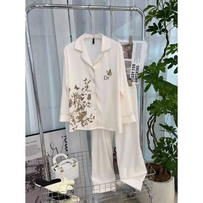 Pyjama élégant à imprimé papillon pour femme, style ins, en soie glacée à chevrons, respirant et doux, en satin