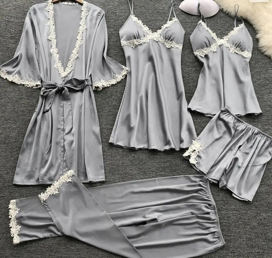 Pyjama cinq pièces sexy en dentelle, chemise de nuit, vêtements de nuit, printemps-été, peignoir ample en satin, vêtements de maison